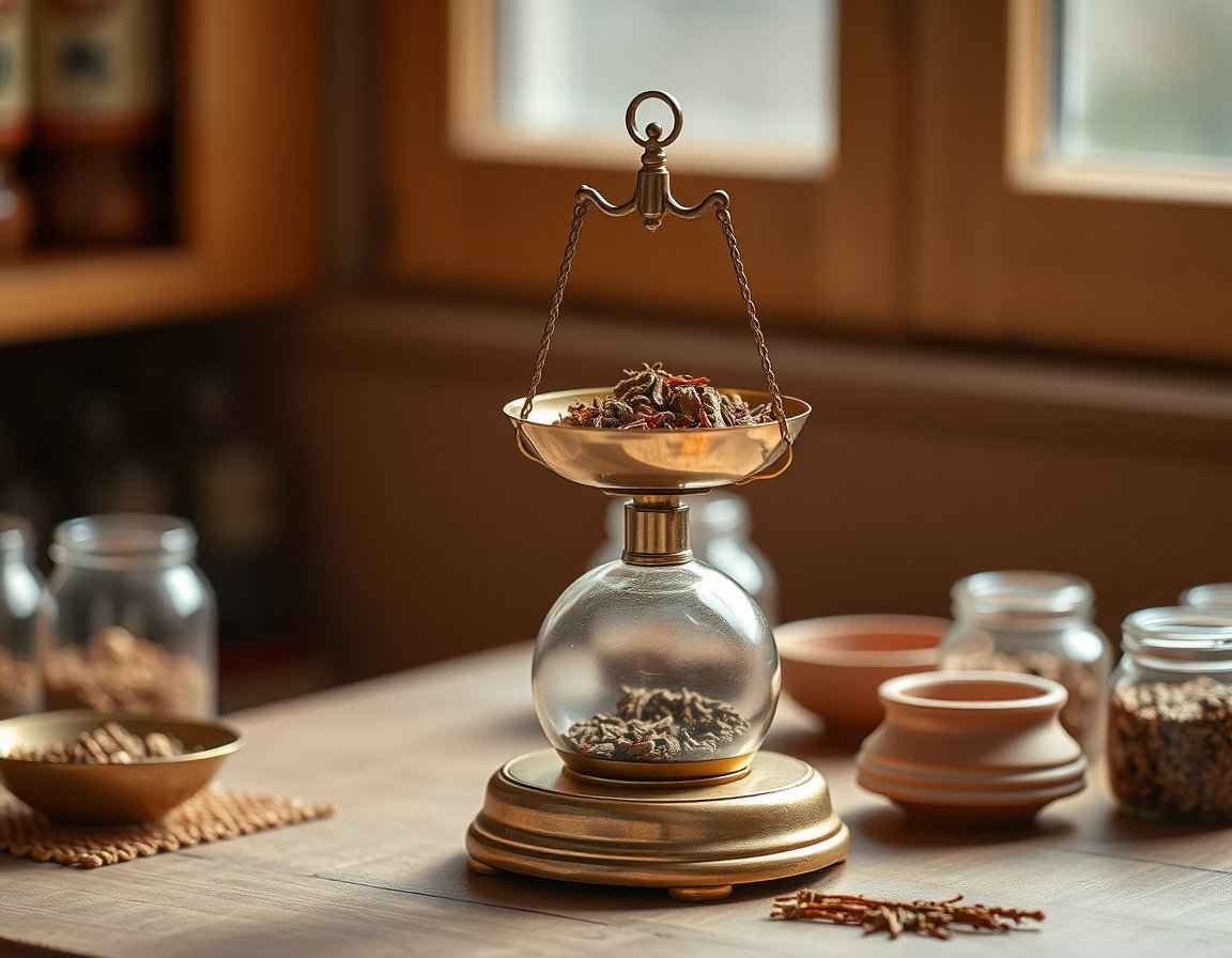 Standardized Hanbang medicinal herbs after weighing, and a scale