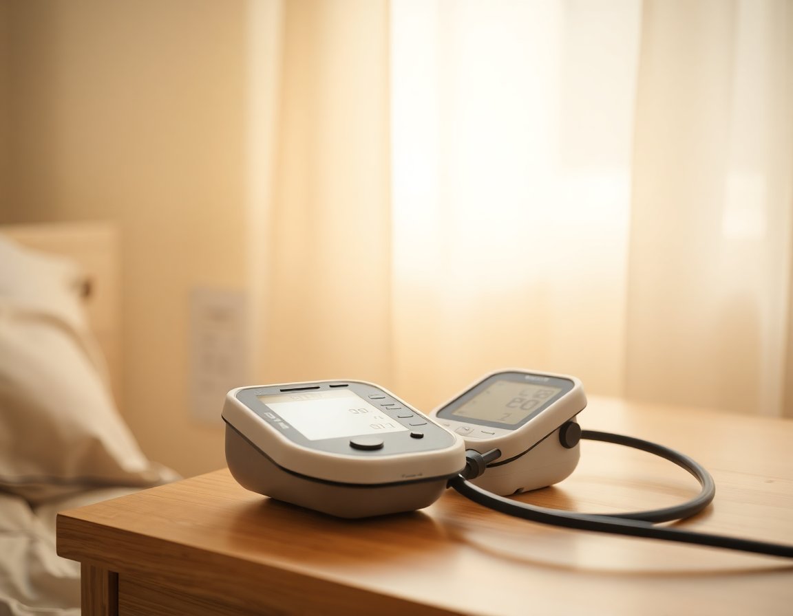 Blood pressure monitor and handwritten logbook on a desk