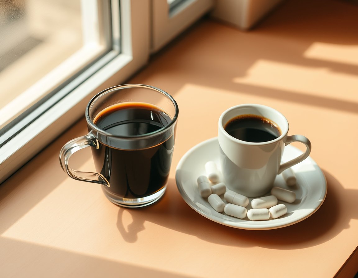 Coffee cup and pill organizer side by side on a breakfast table
