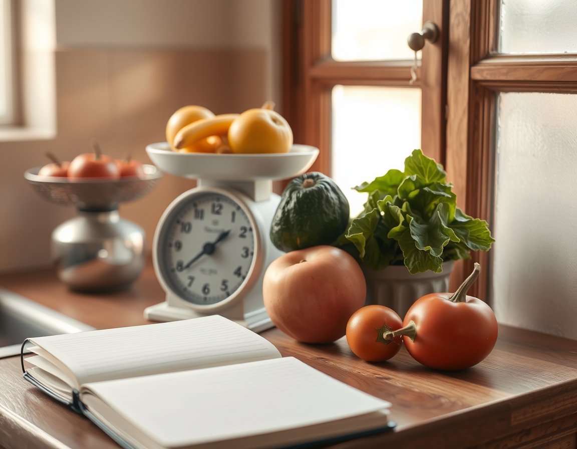 Nuts on a kitchen scale with a notebook for recording next to it