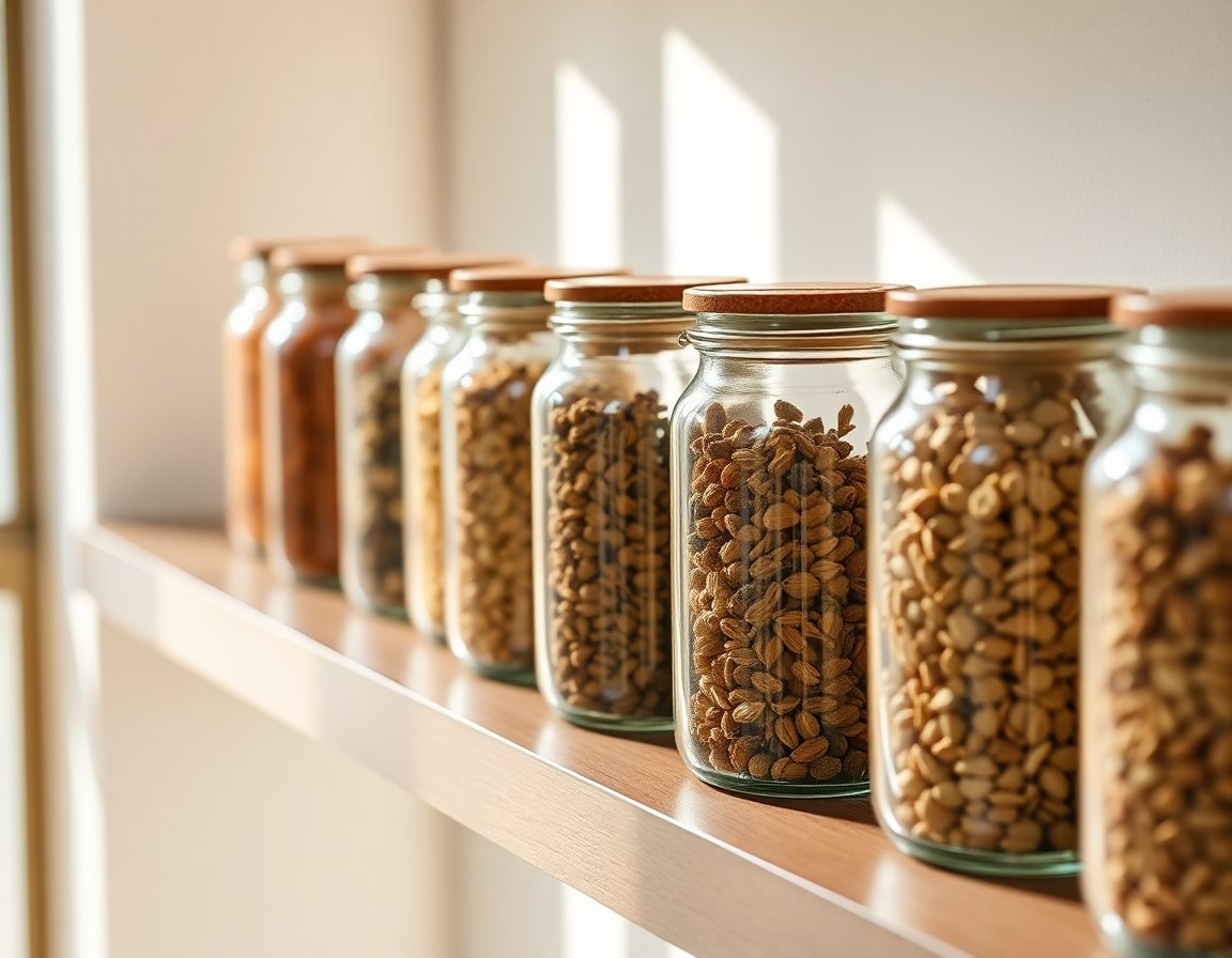Dried herbs in glass jars on a wooden shelf