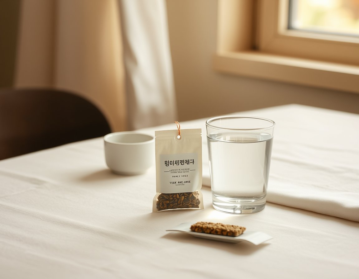Stick pouch and a glass of water on a morning table