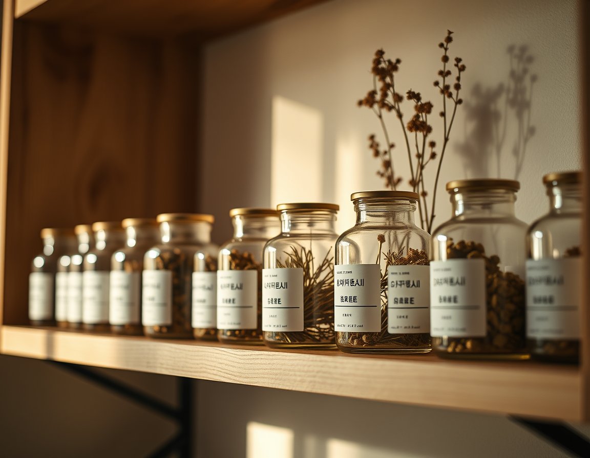 Still life of grains and medicinal herbs in glass jars on a shelf