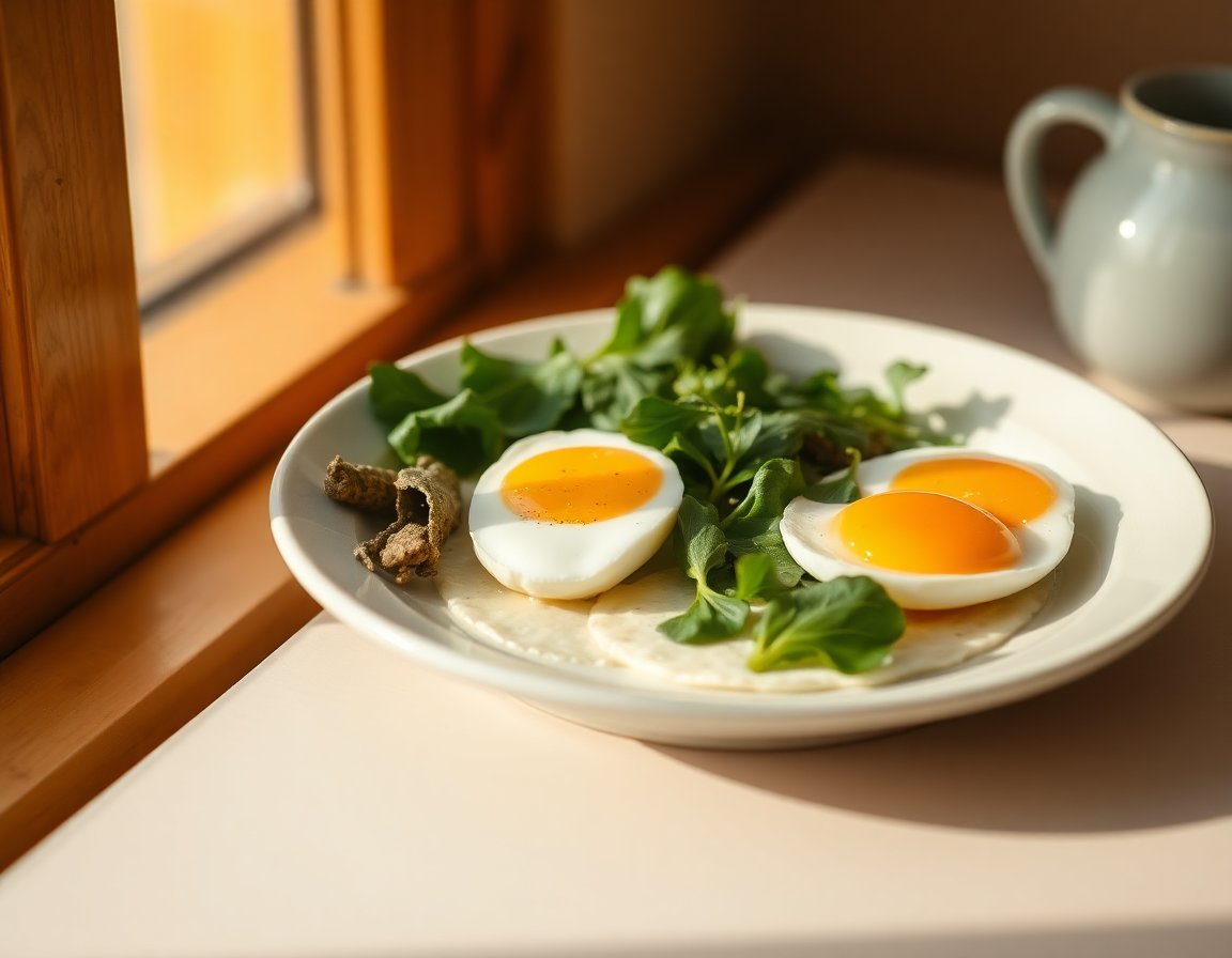 A bowl of whole grains and boiled eggs on a breakfast table by the window