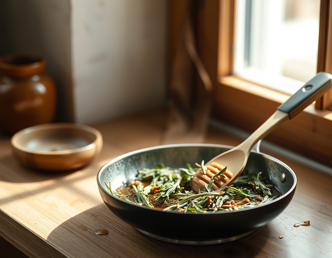 Cooking station with medicinal herbs being stir-fried in a cast-iron pan with honey
