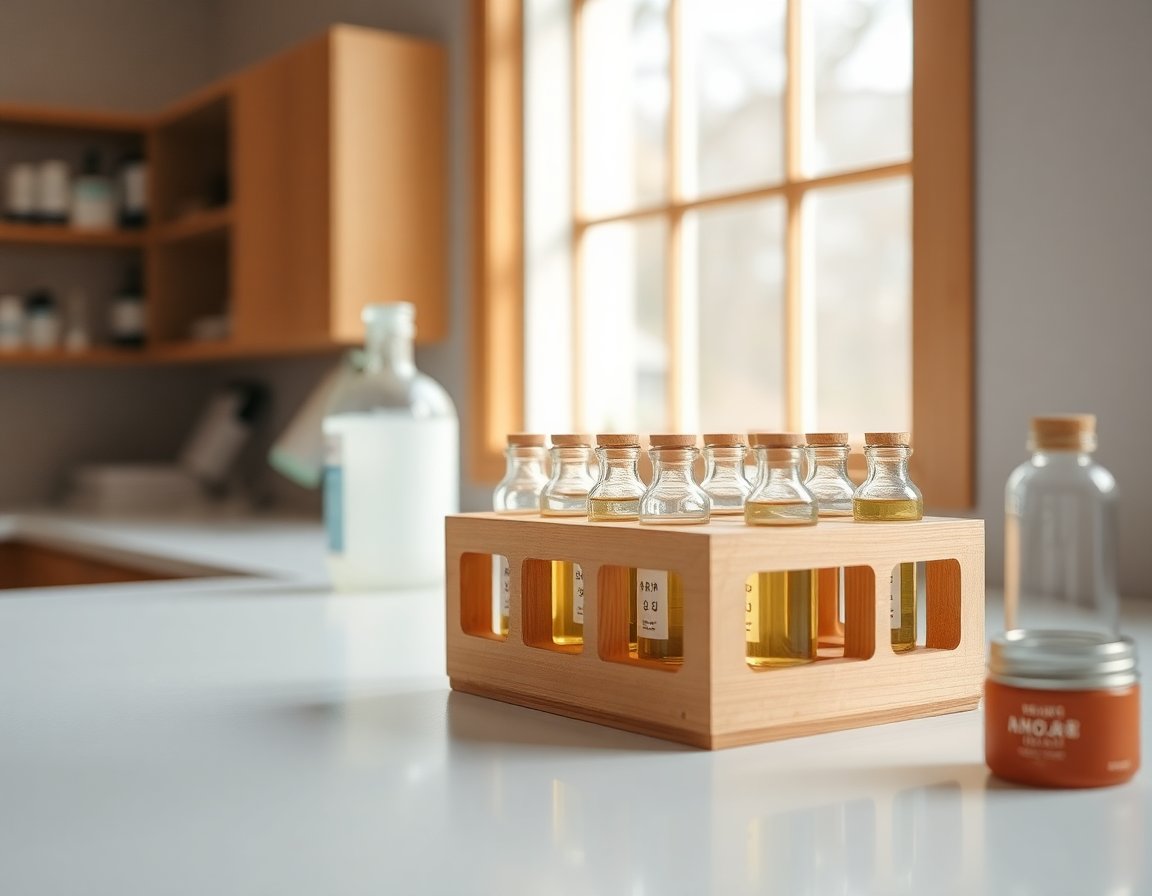 Laboratory bench with vials for liquid chromatography analysis