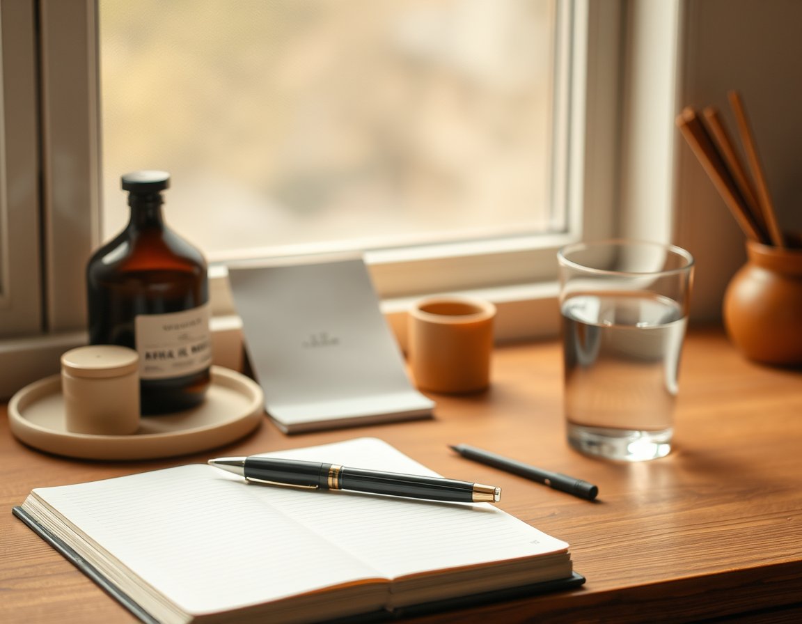Morning table with stick pouches, a water cup, and a handwritten logbook