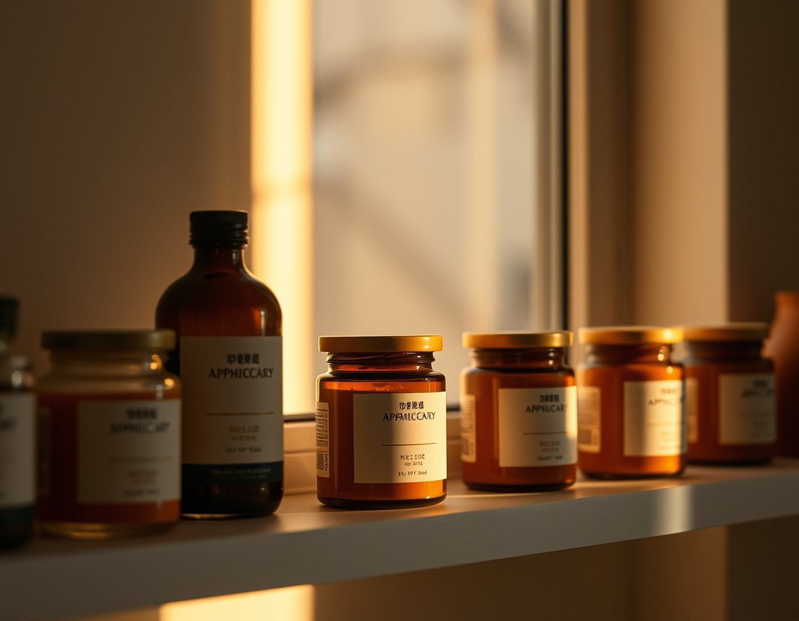 Dried herbal medicine jars and a teacup on a window shelf in the evening