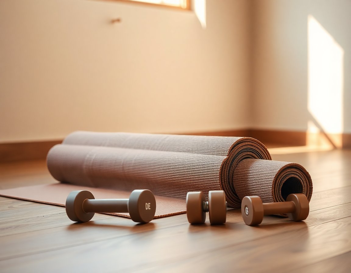 Exercise mat and dumbbells on the living room floor, morning sunlight