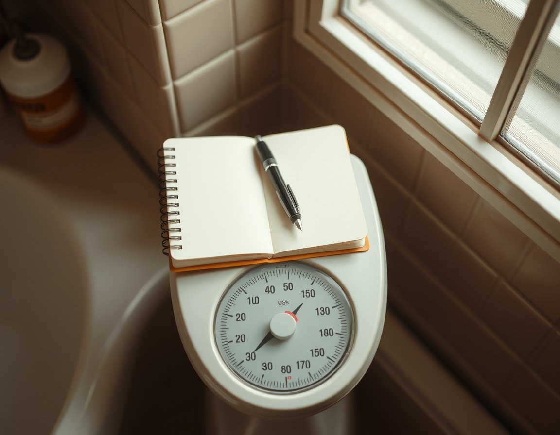 Scale and worn-cover record notebook by a bedroom door
