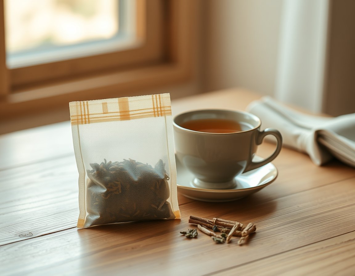 Stick pouches and a cup of brewed tea