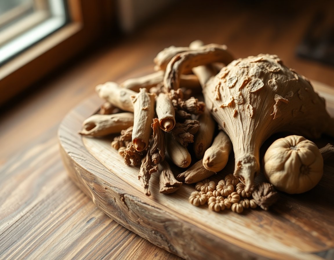 Dried medicinal herbs like Astragalus root on a wooden tray