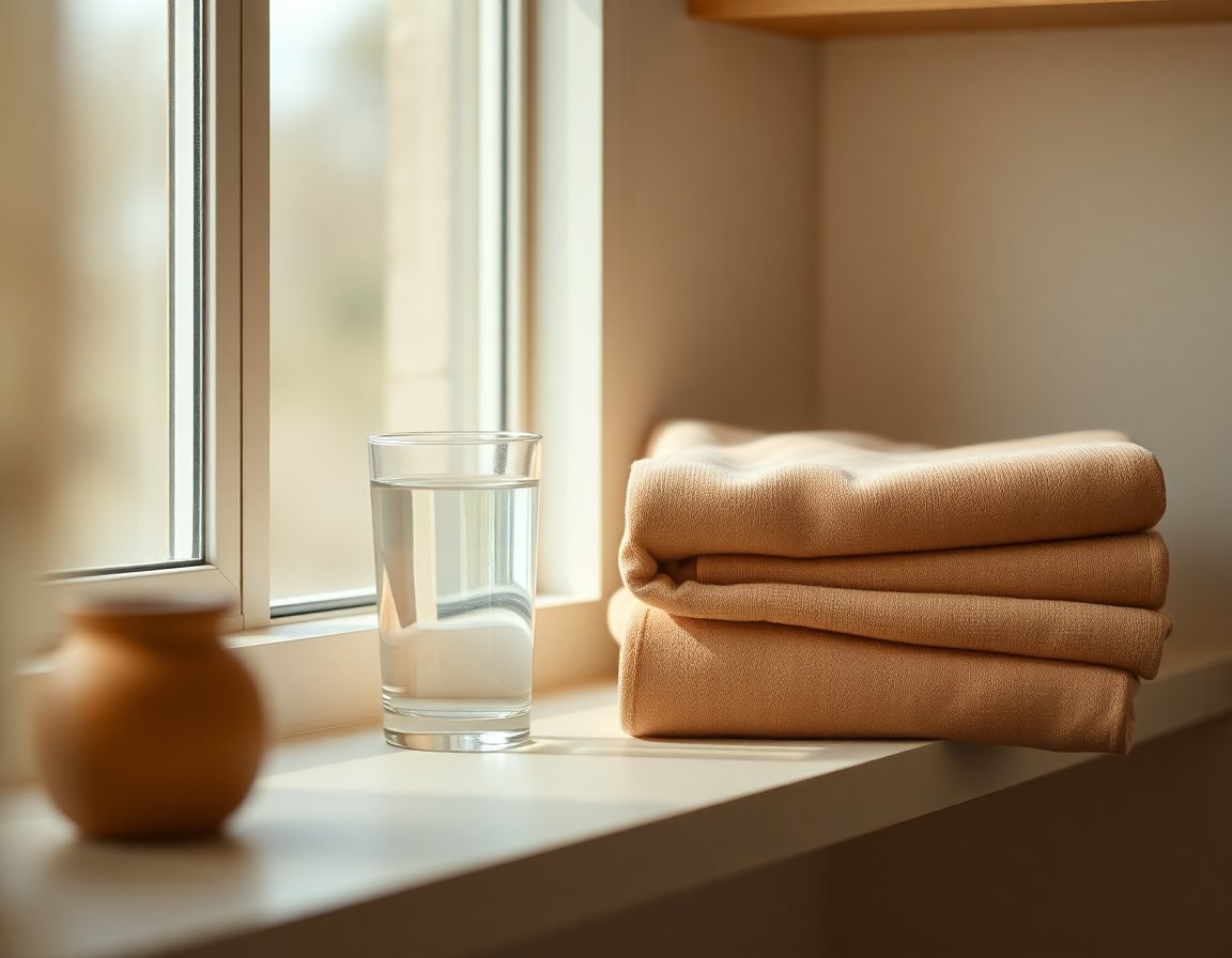 Folded compression stockings and a glass of water on linen